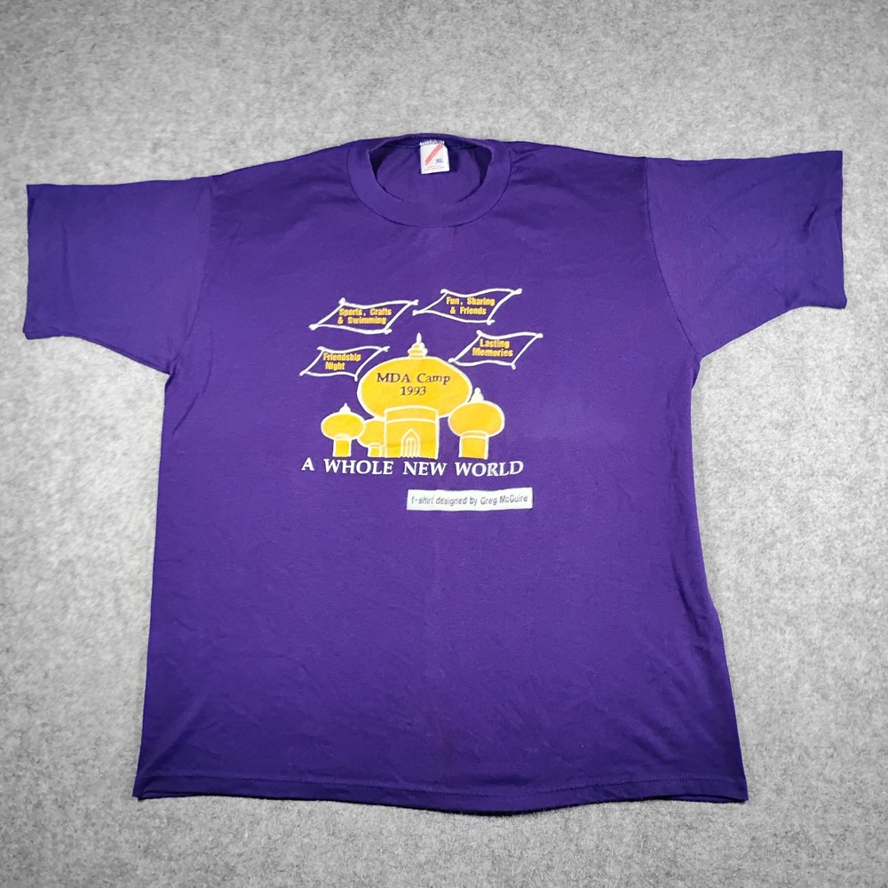 Vintage 1993 Jerzees MDA Camp A Whole New World T-Shirt Purple Mens XL USA Made